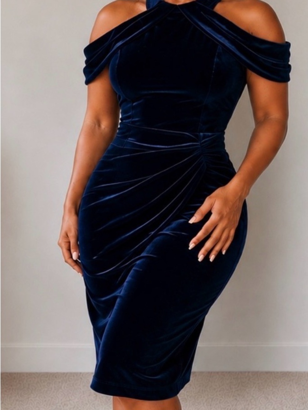 Lauren Ralph Lauren Cold-Shoulder Velvet Sheath Dress - Navy